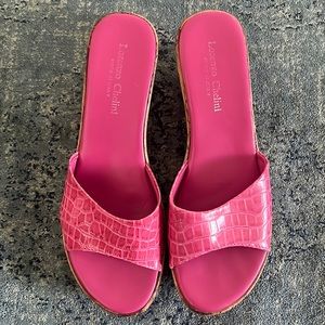 These 2 1/2 inch wedge sandals in pink snake skin light weight Cork wedge heels